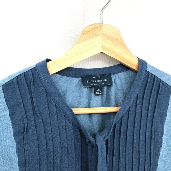 Lucky Brand tie neck shirt boho tuxedo light denim Blue prairie peasant top XS - Picture 2 of 9